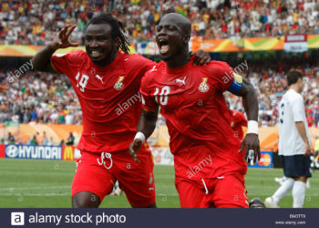 NUREMBERG, GERMANY - JUNE 22:  Ghanaian players Razak Pimpong (l) and Stephen Appiah (r) celebrate after Appiah scored a penalty kick goal against the United States during a 2006 FIFA World Cup soccer match June 22, 2006 in Nuremberg, Germany.  (Photograph by Jonathan P. Larsen)