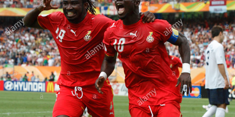 NUREMBERG, GERMANY - JUNE 22:  Ghanaian players Razak Pimpong (l) and Stephen Appiah (r) celebrate after Appiah scored a penalty kick goal against the United States during a 2006 FIFA World Cup soccer match June 22, 2006 in Nuremberg, Germany.  (Photograph by Jonathan P. Larsen)