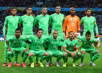PORTO ALEGRE, BRAZIL - JUNE 30:  Algeria players pose for a team photo during the 2014 FIFA World Cup Brazil Round of 16 match between Germany and Algeria at Estadio Beira-Rio on June 30, 2014 in Porto Alegre, Brazil.  (Photo by Julian Finney/Getty Images)