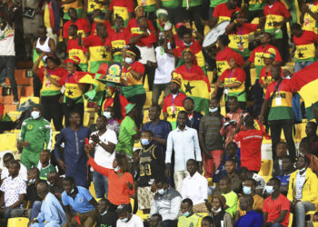 Ghana supporters react during the Group C Africa Cup of Nations (CAN) 2021 football match between Ghana and Comoros at Stade Roumde Adjia in Garoua on January 18, 2022. (Photo by Daniel BELOUMOU OLOMO / AFP)