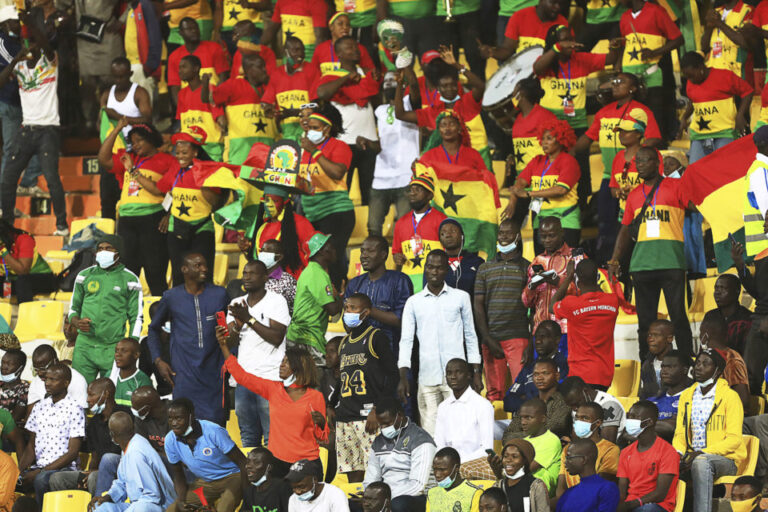 Ghana supporters react during the Group C Africa Cup of Nations (CAN) 2021 football match between Ghana and Comoros at Stade Roumde Adjia in Garoua on January 18, 2022. (Photo by Daniel BELOUMOU OLOMO / AFP)