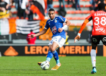 Alexander DJIKU of Strasbourg during the Ligue 1 Uber Eats match between Lorient and Strasbourg at Stade du Moustoir on March 20, 2022 in Lorient, France. (Photo by Maxime Le Pihif/Icon Sport)