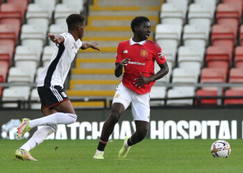 LEIGH, ENGLAND - AUGUST 26: Omari Forson of Manchester United U21s in action during the Premier League 2 match between Manchester United U21s and Fulham U21s at Leigh Sports Village on August 26, 2022 in Leigh, England. (Photo by John Peters/Manchester United via Getty Images)