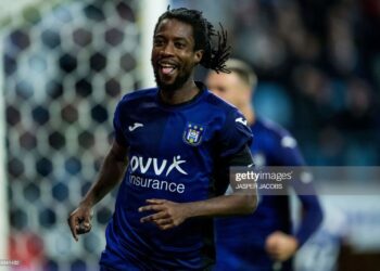 Anderlecht's Majeed Ashimeru celebrates after scoring during a soccer match between RSCA Anderlecht and KV Kortrijk