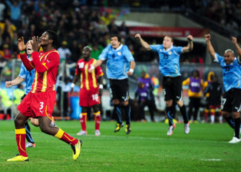 JOHANNESBURG, SOUTH AFRICA - JULY 02:  Asamoah Gyan of Ghana reacts as he misses a late penalty kick in extra time to win the match during the 2010 FIFA World Cup South Africa Quarter Final match between Uruguay and Ghana at the Soccer City stadium on July 2, 2010 in Johannesburg, South Africa.  (Photo by Clive Mason/Getty Images)