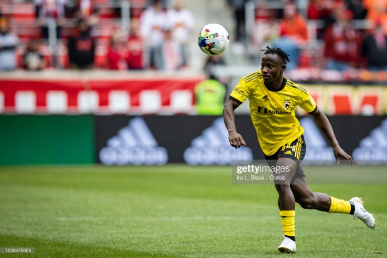 HARRISON, NJ - MARCH 20: Yaw Yeboah #14 of Columbus Crew runs down the ball in the second half of the match against New York Red Bulls at Red Bull Arena on March 20, 2022 in Harrison, New Jersey. (Photo by Ira L. Black - Corbis/Getty Images)