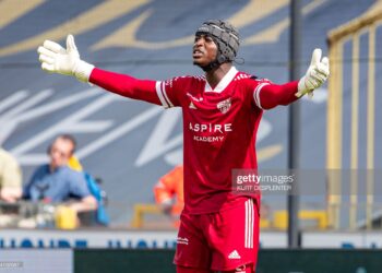 Eupen's goalkeeper Abdul Manaf Nurudeen pictured during a soccer match between Club Brugge and KAS Eupen, Sunday 25 July 2021 in Brugge, on day 1 of the 2021-2022 'Jupiler Pro League' first division of the Belgian championship. BELGA PHOTO KURT DESPLENTER (Photo by KURT DESPLENTER/BELGA MAG/AFP via Getty Images)