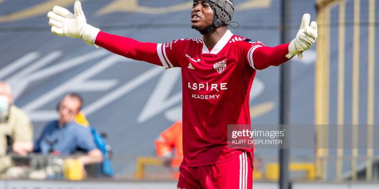 Eupen's goalkeeper Abdul Manaf Nurudeen pictured during a soccer match between Club Brugge and KAS Eupen, Sunday 25 July 2021 in Brugge, on day 1 of the 2021-2022 'Jupiler Pro League' first division of the Belgian championship. BELGA PHOTO KURT DESPLENTER (Photo by KURT DESPLENTER/BELGA MAG/AFP via Getty Images)