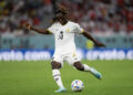 DOHA, QATAR - NOVEMBER 28: Gideon Mensah #14 of Ghana passes the ball during a FIFA World Cup Qatar 2022 Group H match between Ghana and Korea Republic at Education City Stadium on November 28, 2022 in Doha, Qatar. (Photo by Stephen Nadler/ISI Photos/Getty Images)