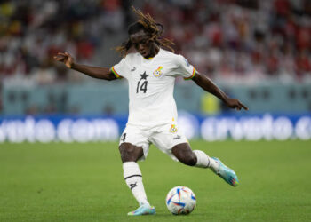 DOHA, QATAR - NOVEMBER 28: Gideon Mensah #14 of Ghana passes the ball during a FIFA World Cup Qatar 2022 Group H match between Ghana and Korea Republic at Education City Stadium on November 28, 2022 in Doha, Qatar. (Photo by Stephen Nadler/ISI Photos/Getty Images)