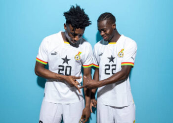 DOHA, QATAR - NOVEMBER 20: Mohammed Kudus (L) and Kamaldeen Sulemana (R) of Ghana pose during the official FIFA World Cup Qatar 2022 portrait session on November 20, 2022 in Doha, Qatar. (Photo by Maddie Meyer - FIFA/FIFA via Getty Images)