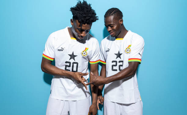 DOHA, QATAR - NOVEMBER 20: Mohammed Kudus (L) and Kamaldeen Sulemana (R) of Ghana pose during the official FIFA World Cup Qatar 2022 portrait session on November 20, 2022 in Doha, Qatar. (Photo by Maddie Meyer - FIFA/FIFA via Getty Images)