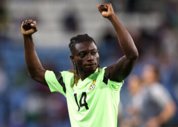 AL WAKRAH, QATAR - DECEMBER 02: Gideon Mensah of Ghana warms up prior to the FIFA World Cup Qatar 2022 Group H match between Ghana and Uruguay at Al Janoub Stadium on December 02, 2022 in Al Wakrah, Qatar. (Photo by Elsa/Getty Images)