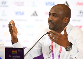 AL RAYYAN, QATAR - NOVEMBER 28: Otto Addo, Head Coach of Ghana speaks during a press conference after the FIFA World Cup Qatar 2022 Group H match between Korea Republic and Ghana at Education City Stadium on November 28, 2022 in Al Rayyan, Qatar. (Photo by Shaun Botterill - FIFA/FIFA via Getty Images)
