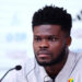 DOHA, QATAR - DECEMBER 01: Thomas Partey of Ghana speaks  during the Ghana Press Conference at the Main Media Center on December 01, 2022 in Doha, Qatar. (Photo by Christopher Lee/Getty Images)