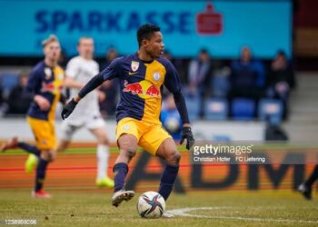 AMSTETTEN, AUSTRIA - MARCH 05: Lawrence Agyekum of FC Liefering in action during the 2. Liga match between SKU Amstetten and FC Liefering at Ertl Glas-Stadion on March 5, 2022 in Amstetten, Austria. (Photo by Christian Hofer - FC Liefering/FC Liefering via Getty Images)