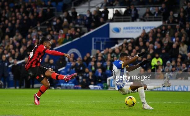 BRIGHTON, ENGLAND - FEBRUARY 04: Antoine Semenyo of AFC Bournemouth shoots during the Premier League match between Brighton & Hove Albion and AFC Bournemouth at American Express Community Stadium on February 04, 2023 in Brighton, England. (Photo by Mike Hewitt/Getty Images)