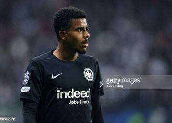 FRANKFURT AM MAIN, GERMANY - OCTOBER 04: Ansgar Knauff of Eintracht Frankfurt reacts during the UEFA Champions League group D match between Eintracht Frankfurt and Tottenham Hotspur at Deutsche Bank Park on October 04, 2022 in Frankfurt am Main, Germany. (Photo by Alex Grimm/Getty Images)
