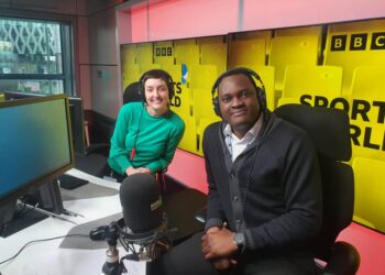 George Addo jnr in the studio of the BBC , UK