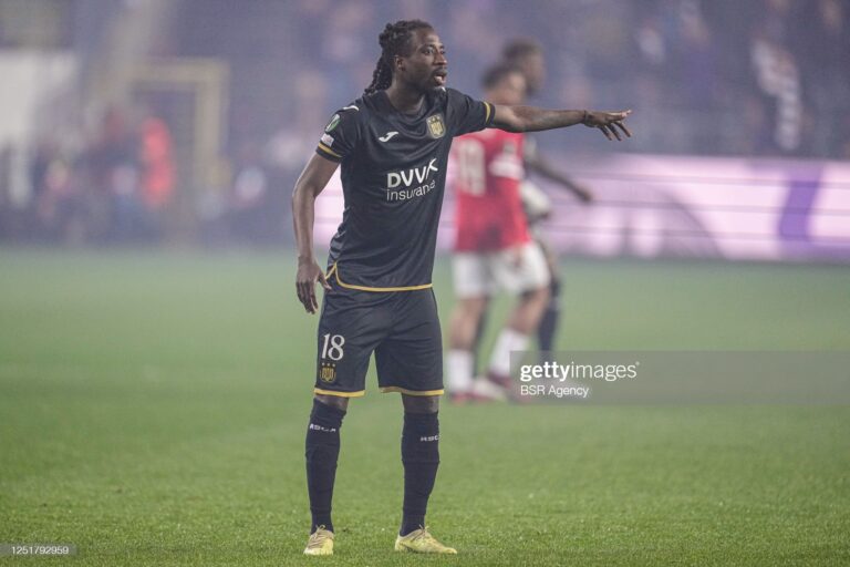 BRUSSELS, BELGIUM - APRIL 13: Majeed Ashimeru of RSC Anderlecht during the UEFA Europa Conference League quarter finals first leg match between RSC Anderlecht and AZ at Lotto Park on April 13, 2023 in Brussels, Belgium (Photo by Patrick Goosen/BSR Agency/Getty Images)