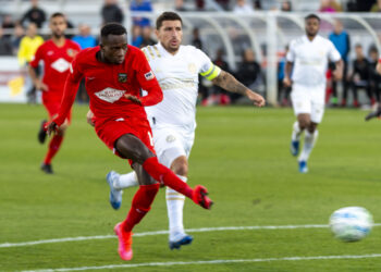 Birmingham Legion FC forward Rudolf Mensah (14) scores a goal during the second half of the Atlanta United FC at Birmingham Legion FC pro soccer exhibition game, Saturday, Feb. 8, 2020, at BBVA Compass Field in Birmingham, Ala.
(Photo by Vasha Hunt)