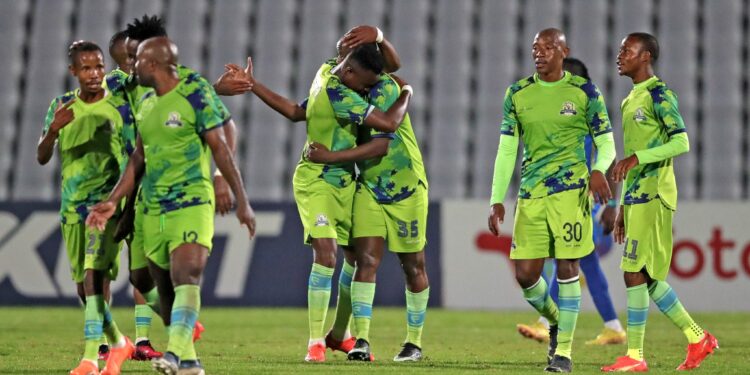 Judas Moseamedi of Gallants celebrates goal with teammates during the CAF Confederation Cup 2022/23 match between Marumo Gallants and Lupopo at Dobsonville Stadium in Johannesburg on 02 April 2023 ©Samuel Shivambu/BackpagePix