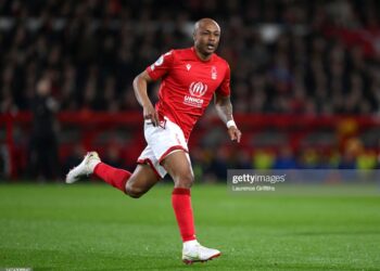 NOTTINGHAM, ENGLAND - MARCH 17: Andre Ayew of Nottingham Forest in action during the Premier League match between Nottingham Forest and Newcastle United at City Ground on March 17, 2023 in Nottingham, England. (Photo by Laurence Griffiths/Getty Images)