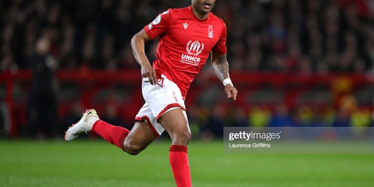 NOTTINGHAM, ENGLAND - MARCH 17: Andre Ayew of Nottingham Forest in action during the Premier League match between Nottingham Forest and Newcastle United at City Ground on March 17, 2023 in Nottingham, England. (Photo by Laurence Griffiths/Getty Images)