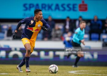 AMSTETTEN, AUSTRIA - MARCH 05: Lawrence Agyekum of FC Liefering in action during the 2. Liga match between SKU Amstetten and FC Liefering at Ertl Glas-Stadion on March 5, 2022 in Amstetten, Austria. (Photo by Christian Hofer - FC Liefering/FC Liefering via Getty Images)