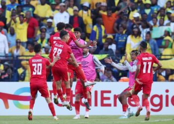 Yahya El Idrissi of Wydad celebrates goal with teammates during the CAF Champions League 2022/23 Semifinal match between Mamelodi Sundowns and Wydad at the Loftus Stadium, Pretoria on the 20 May 2023 ©Muzi Ntombela/BackpagePix