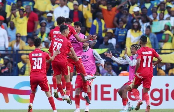 Yahya El Idrissi of Wydad celebrates goal with teammates during the CAF Champions League 2022/23 Semifinal match between Mamelodi Sundowns and Wydad at the Loftus Stadium, Pretoria on the 20 May 2023 ©Muzi Ntombela/BackpagePix