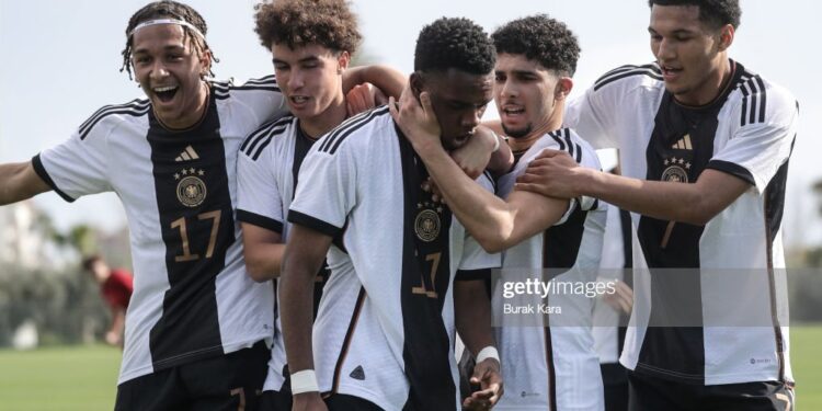 MANAVGAT, TURKEY - MARCH 22: Germany team celebrates Charles Hermann goal during U17 Turkiye and U17 Germany European U17 Championship match on March 22, 2023 in Manavgat, Turkey. (Photo by Burak Kara/Getty Images for DFB)