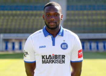KARLSRUHE, GERMANY - JULY 13: Nathaniel Amamoo of Karlsruher SC poses during the team presentation at Wildparkstadion on July 13, 2017 in Karlsruhe, Germany. (Photo by Andreas Schlichter/Bongarts/Getty Images)