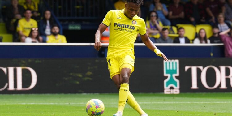 VILLARREAL, SPAIN - APRIL 15: Samuel Chukwueze of Villarreal CF scores the team's first goal which is later disallowed during the LaLiga Santander match between Villarreal CF and Real Valladolid CF at Estadio de la Ceramica on April 15, 2023 in Villarreal, Spain. (Photo by Aitor Alcalde/Getty Images)