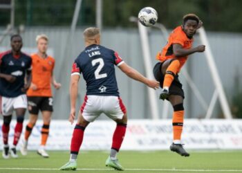FALKIRK, SCOTLAND - JULY 25: Dundee Utd's Matthew Cudjoe Annim has a shot during a Viaplay Cup group stage match between Falkirk and Dundee United at the Falkirk Stadium, on July 25, 2023, in Falkirk, Scotland. (Photo by Paul Devlin / SNS Group)