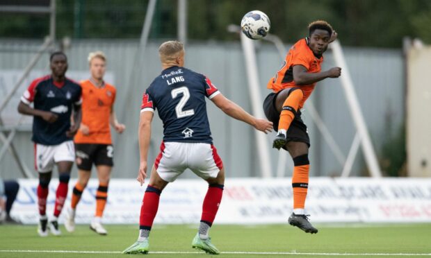 FALKIRK, SCOTLAND - JULY 25: Dundee Utd's Matthew Cudjoe Annim has a shot during a Viaplay Cup group stage match between Falkirk and Dundee United at the Falkirk Stadium, on July 25, 2023, in Falkirk, Scotland. (Photo by Paul Devlin / SNS Group)