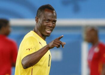Jun 15, 2014; Natal, Rio Grande do Norte, BRAZIL; Ghana midfielder Emmanuel Agyemang Badu (8) points to a teammate during practice in preparation for their opening World Cup game against the United States at Estadio das Dunas. Mandatory Credit: Winslow Townson-USA TODAY Sports