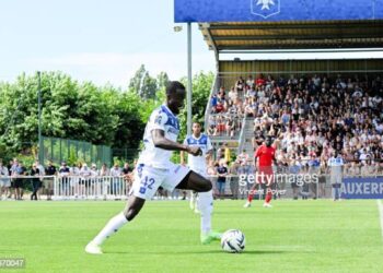 Elisha OWUSU of Auxerre during the Friendly match between Dijon FCO and AJ Auxerre at Stadium Groupama on July 14, 2023 in Auxerre, France. (Photo by Vincent Poyer/Icon Sport via Getty Images)