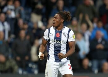 WEST BROMWICH, ENGLAND - NOVEMBER 12: Brandon Thomas-Asante of West Bromwich Albion celebrates after scoring a goal to make it 2-0 during the Sky Bet Championship between West Bromwich Albion and Stoke City at The Hawthorns on November 12, 2022 in West Bromwich, United Kingdom. (Photo by Adam Fradgley/West Bromwich Albion FC via Getty Images)