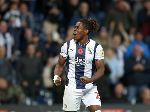 WEST BROMWICH, ENGLAND - NOVEMBER 12: Brandon Thomas-Asante of West Bromwich Albion celebrates after scoring a goal to make it 2-0 during the Sky Bet Championship between West Bromwich Albion and Stoke City at The Hawthorns on November 12, 2022 in West Bromwich, United Kingdom. (Photo by Adam Fradgley/West Bromwich Albion FC via Getty Images)