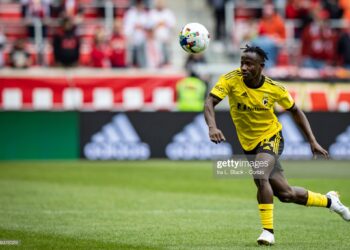 HARRISON, NJ - MARCH 20: Yaw Yeboah #14 of Columbus Crew runs down the ball in the second half of the match against New York Red Bulls at Red Bull Arena on March 20, 2022 in Harrison, New Jersey. (Photo by Ira L. Black - Corbis/Getty Images)