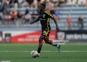 LEESBURG, VA - MAY 10: Yaw Yeboah #14 of the Columbus Crew dribbles during a US Open Cup game between Columbus Crew and Loudon United FC at Segra Field on May 10, 2023 in Leesburg, Virginia. (Photo by Brad Smith/USSF/Getty Images).