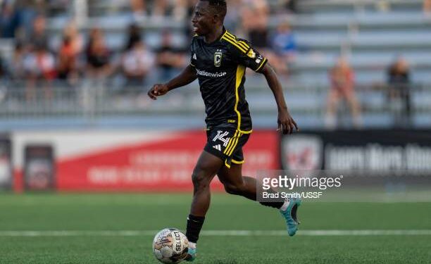 LEESBURG, VA - MAY 10: Yaw Yeboah #14 of the Columbus Crew dribbles during a US Open Cup game between Columbus Crew and Loudon United FC at Segra Field on May 10, 2023 in Leesburg, Virginia. (Photo by Brad Smith/USSF/Getty Images).