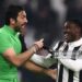 TOPSHOT - Juventus' midfielder Kwadwo Asamoah from Ghana (R) chats with Juventus' goalkeeper Gianluigi Buffon during the Italian Tim Cup football match between Juventus and Atalanta at the 'Allianz Stadium' in Turin on February 28, 2018. / AFP PHOTO / MARCO BERTORELLO        (Photo credit should read MARCO BERTORELLO/AFP via Getty Images)