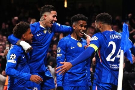 Chelsea's Estevao, second right, celebrates with his teammates after scoring his side's second goal during the Champions League opening phase soccer match between Chelsea and Barcelona in London, England, Tuesday, Nov. 25, 2025. (Bradley Collyer/PA via AP)