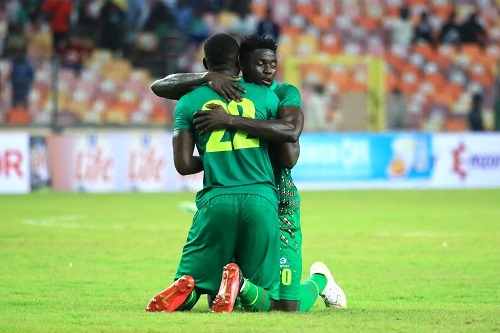 Opa Sangante of Guinea-Bissau and Mane Manconi Soriano of Guinea-Bissau celebrate beating Nigeria 1-0 during the 2023 Africa Cup of Nations Qualifying match between Nigeria and Guinea-Bissau held at the Abuja National Stadium in Abuja, Nigeria on 24 March 2023 ©Justina Aniefiok/BackpagePix