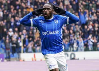 GENK, BELGIUM - APRIL 16: Joseph Paintsil of KRC Genk celebrates the third goal during the Belgian Pro League match between KRC Genk and RSC Anderlecht at Cegeka Arena on April 16, 2023 in Genk, Belgium (Photo by Jeroen Meuwsen/BSR Agency/Getty Images)