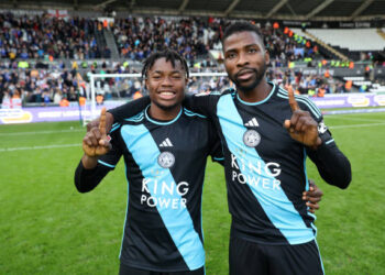 SWANSEA, WALES - OCTOBER 21: Kelechi Iheanacho of Leicester City and Abdul Fatawu of Leicester City celebrate after the Sky Bet Championship match between Swansea City and Leicester City at Swansea.com Stadium on October 21, 2023 in Swansea, United Kingdom. (Photo by Plumb Images/Leicester City FC via Getty Images)