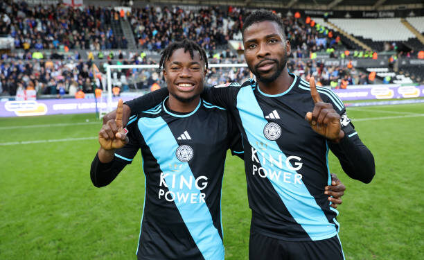 SWANSEA, WALES - OCTOBER 21: Kelechi Iheanacho of Leicester City and Abdul Fatawu of Leicester City celebrate after the Sky Bet Championship match between Swansea City and Leicester City at Swansea.com Stadium on October 21, 2023 in Swansea, United Kingdom. (Photo by Plumb Images/Leicester City FC via Getty Images)