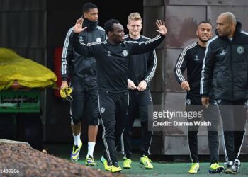 Chelsea's Michael Essien, Ryan Bertrand during a UEFA Champions League training session at the Cobham Training Ground on 5th November 2013 in Cobham, England.  (Photo by Darren Walsh/Chelsea FC via Getty Images)